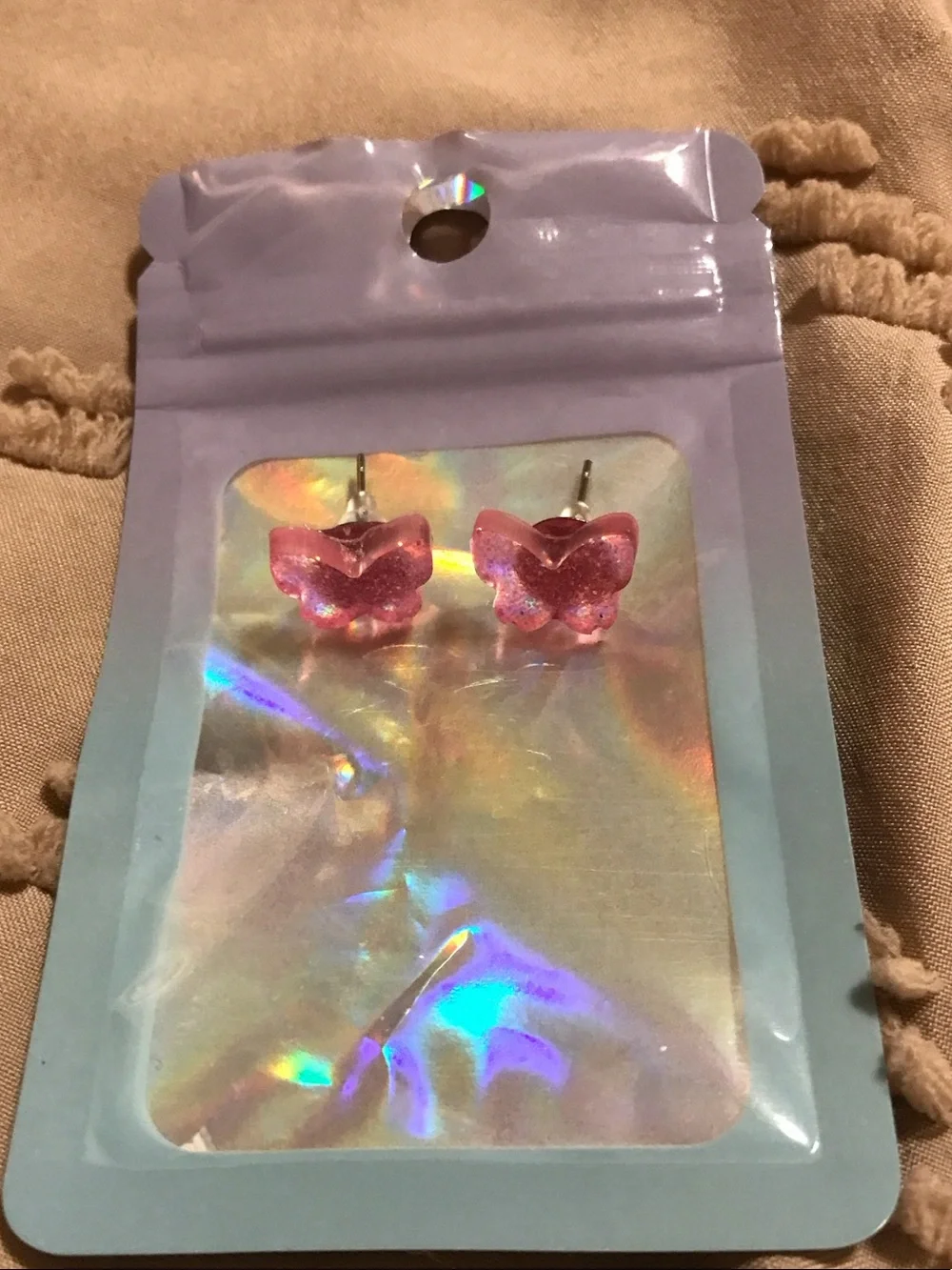 Pink Butterfly Stud Earrings & Red Beaded Angel & Clip-on Pearl Earrings